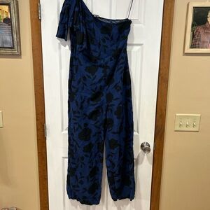 Blue & Black Floral One-Shoulder Wide Leg Jumpsuit – Size 12